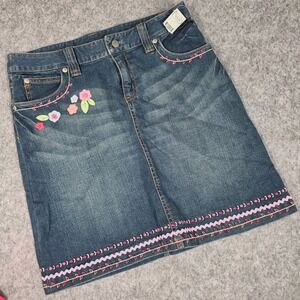 Vintage Talbots Denim Skirt Girls 16 Jean Floral Embroidered Ric-Rac Stretch NEW
